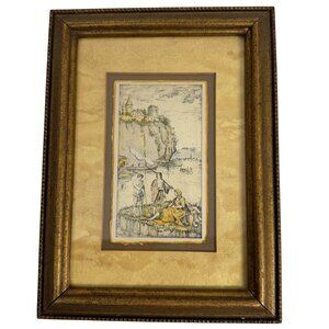 Vintage Framed Wall Decor Lady w/ 2 Fishermen Castles Print Signed Cavalli